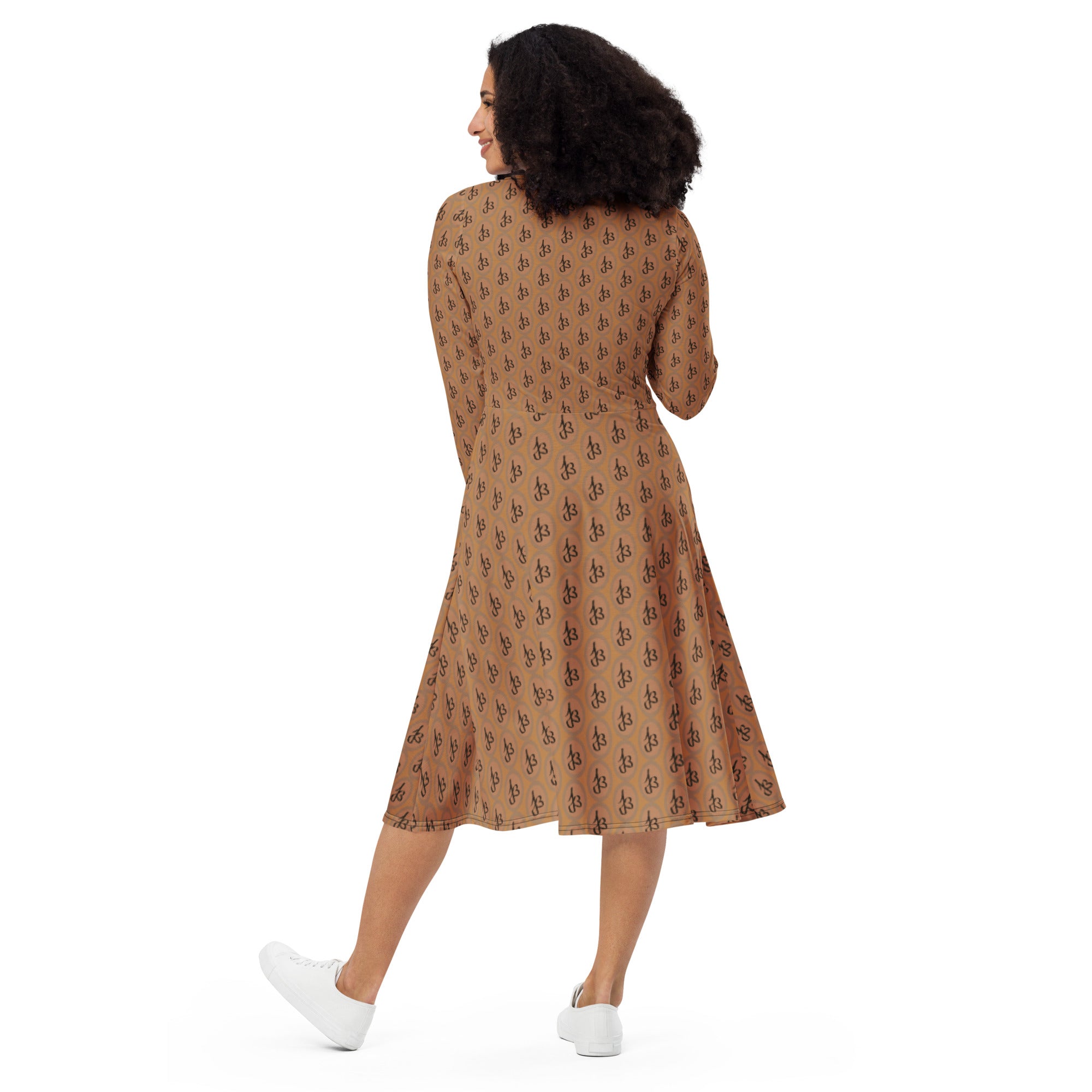Long Sleeve Midi Dress AJBeneficial Print on Tan