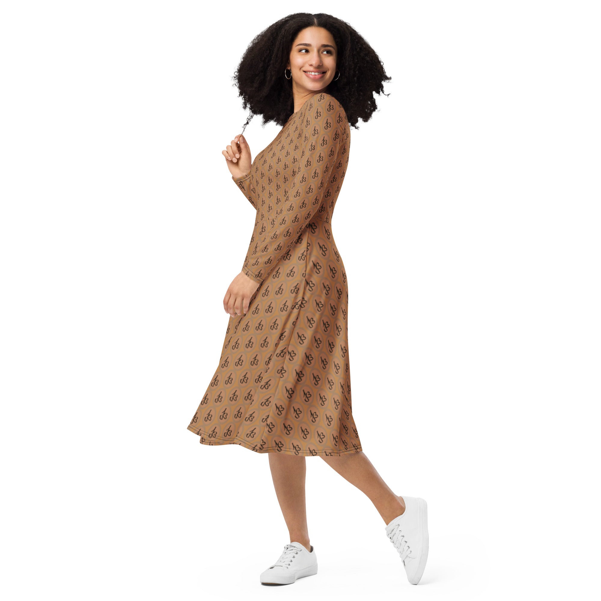 Long Sleeve Midi Dress AJBeneficial Print on Tan
