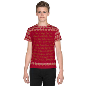 Youth crew neck t-shirt AJBeneficial Whirl Languages in Dark Red